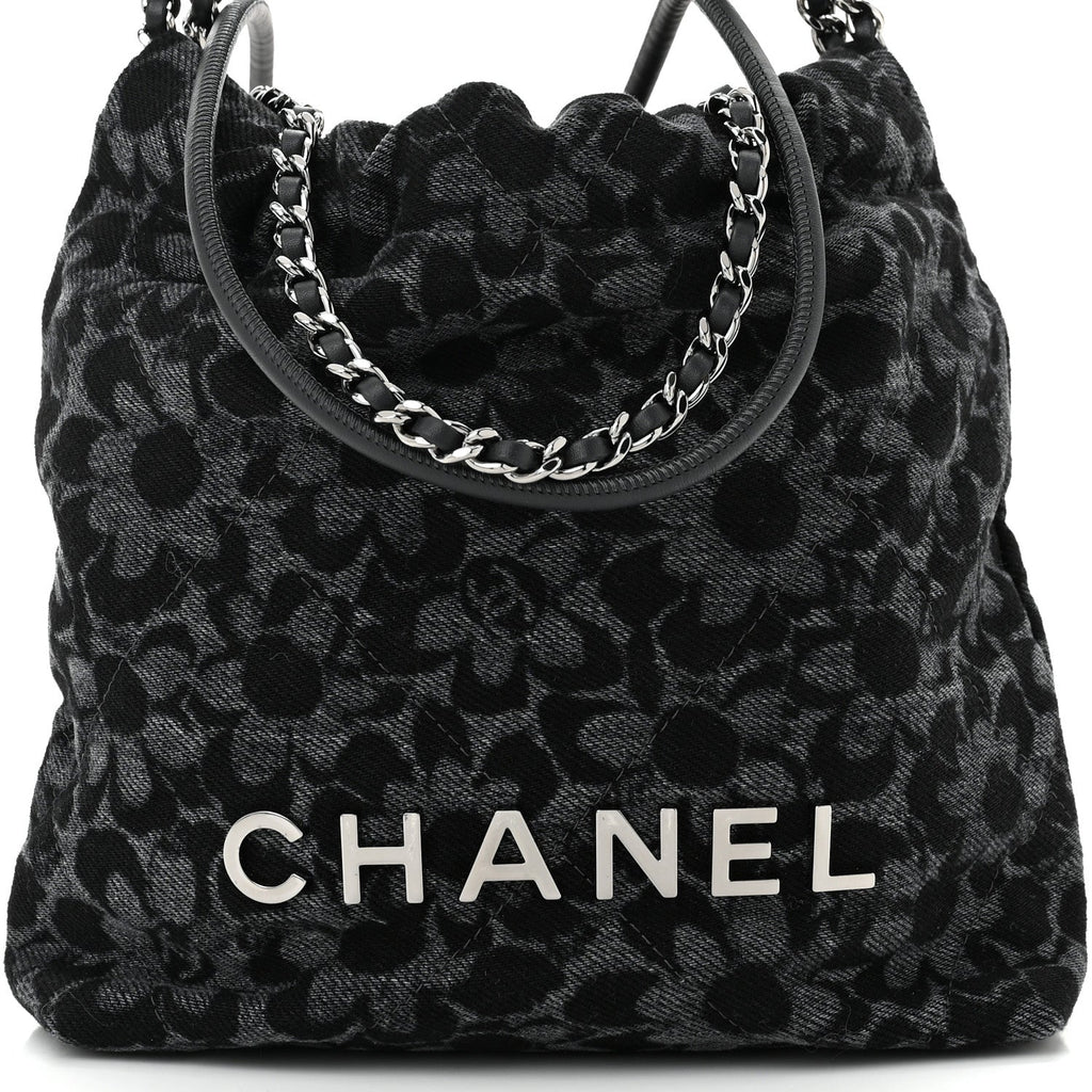 Denim Quilted Floral Print Mini Chanel 22 Black Grey