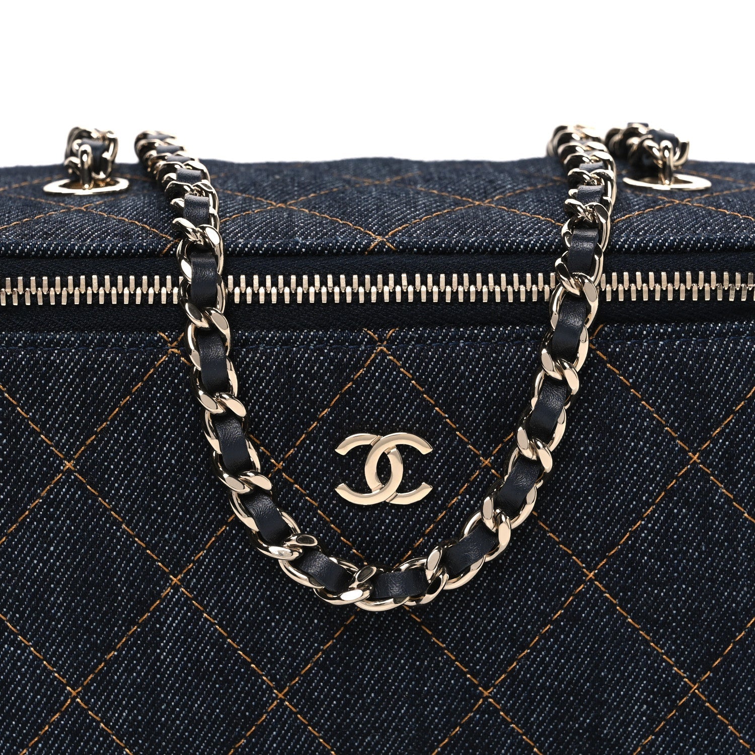 Denim Quilted Vanity Case With Chain Dark Blue Orange