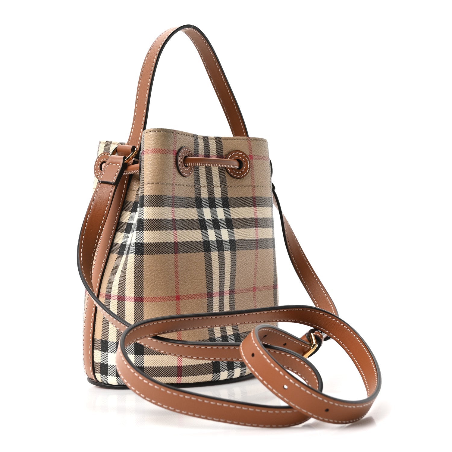 E-Canvas Vintage Check Mini Drawstring Bucket Bag Briar Brown