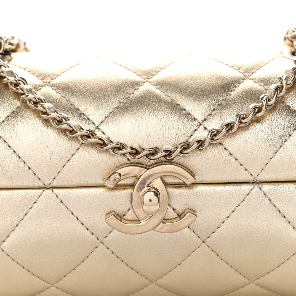 Metallic Lambskin Quilted Barrel Crossbody Bag Gold