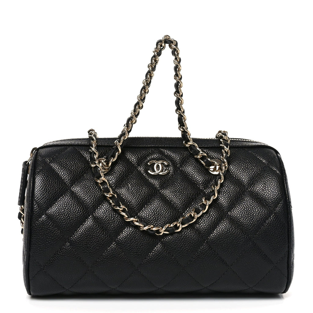 Caviar Quilted Barrel Clutch With Chain Black