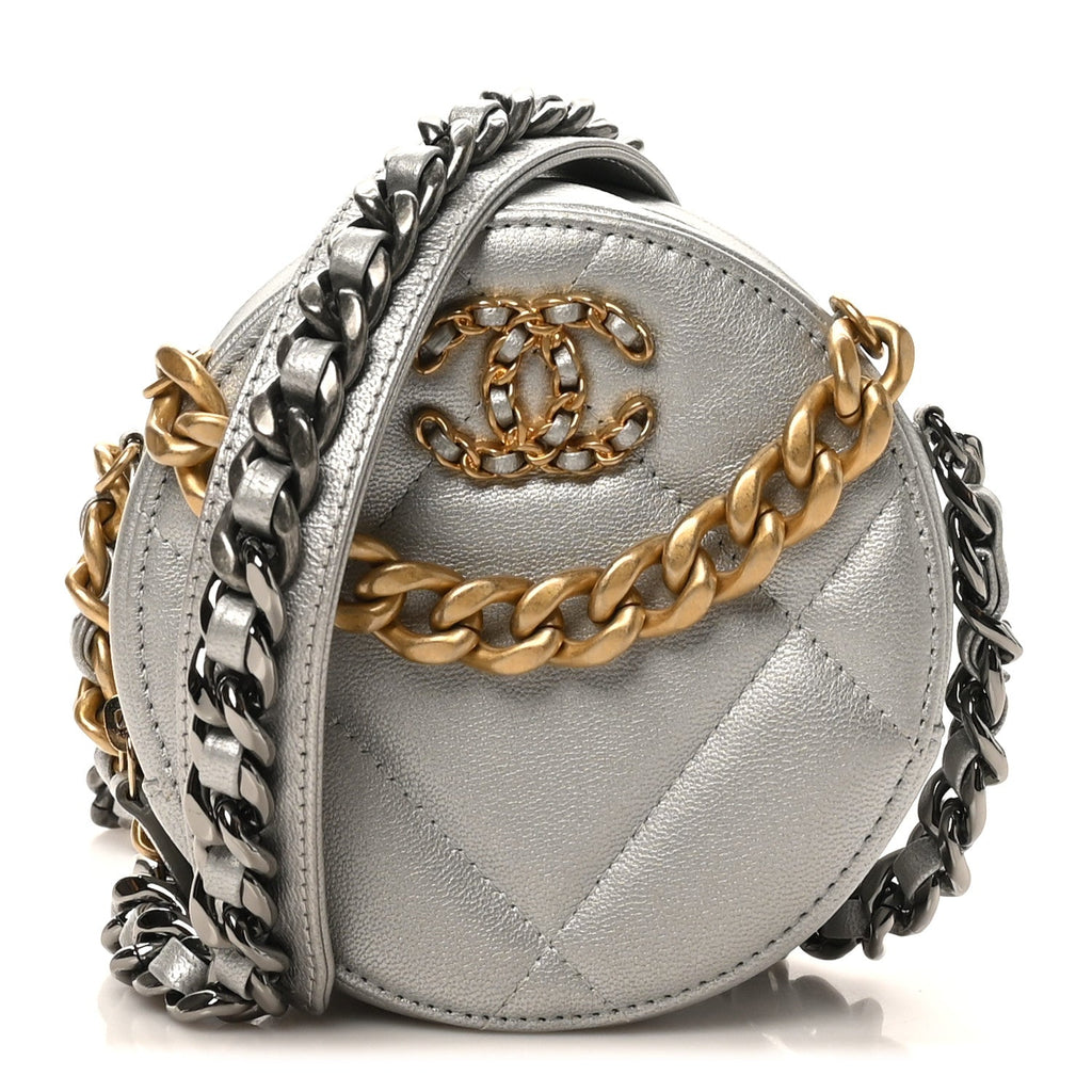 Metallic Lambskin Quilted Chanel 19 Round Clutch With Chain Silver