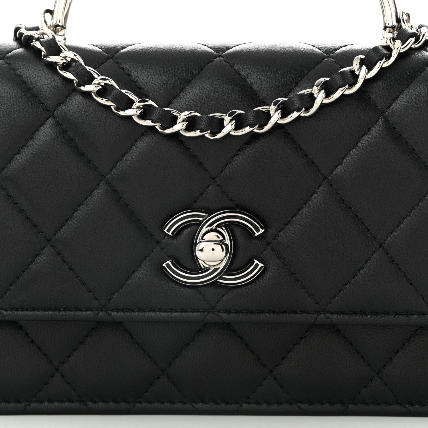 Lambskin Quilted Metal Top Handle Crossbody Flap Black