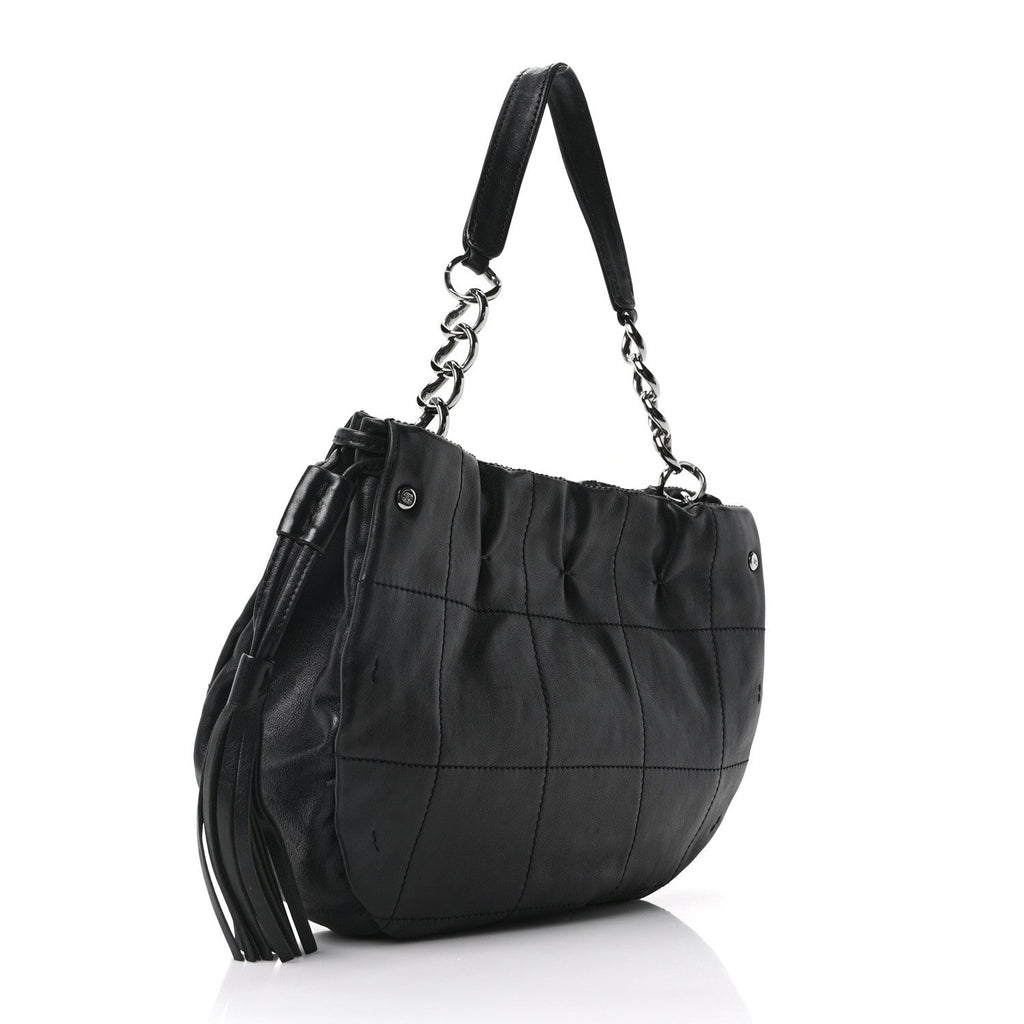 Lambskin Stitched Chocolate Bar Chain Fringe Hobo Black