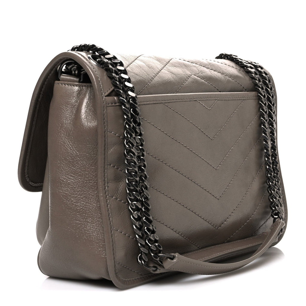Crinkled Calfskin Matelasse Monogram Medium Niki Chain Satchel Greyish Brown