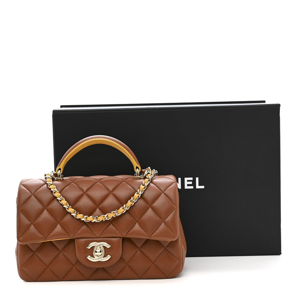 Lambskin Quilted Bi-Color Mini Top Handle Rectangular Flap Light Brown Yellow