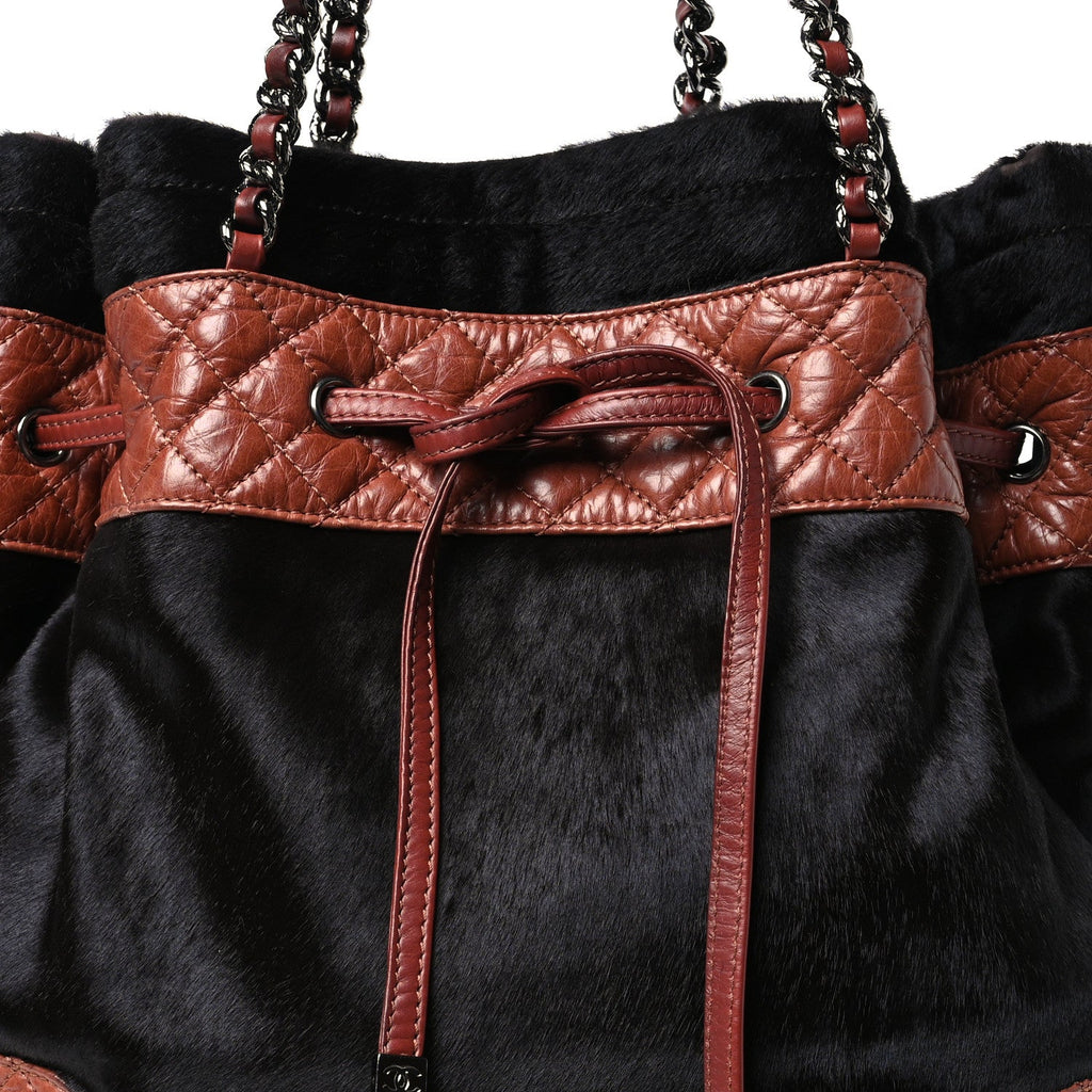 Aged Calfskin Pony Hair Quilted Miss Pony Drawstring Tote Brown