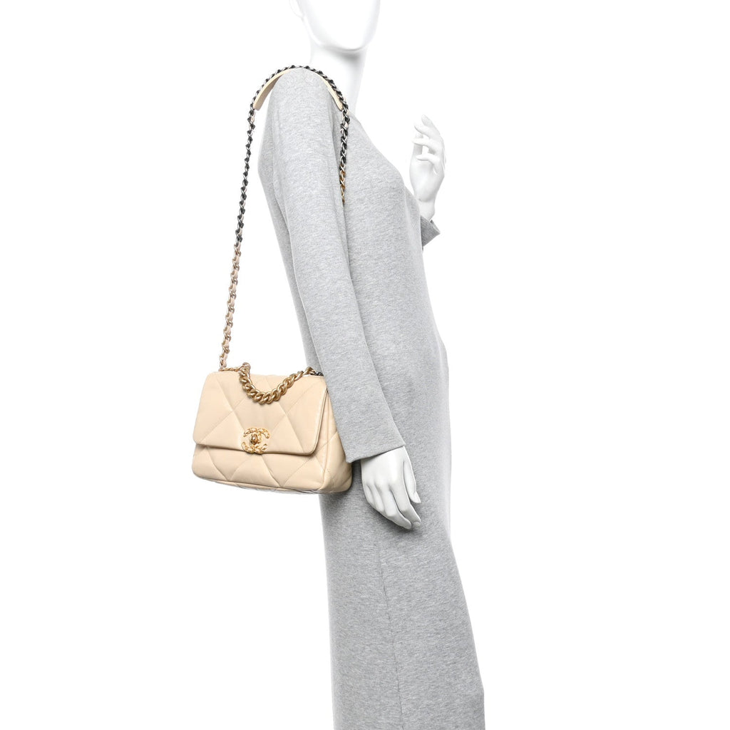 Goatskin Quilted Medium Chanel 19 Flap Beige