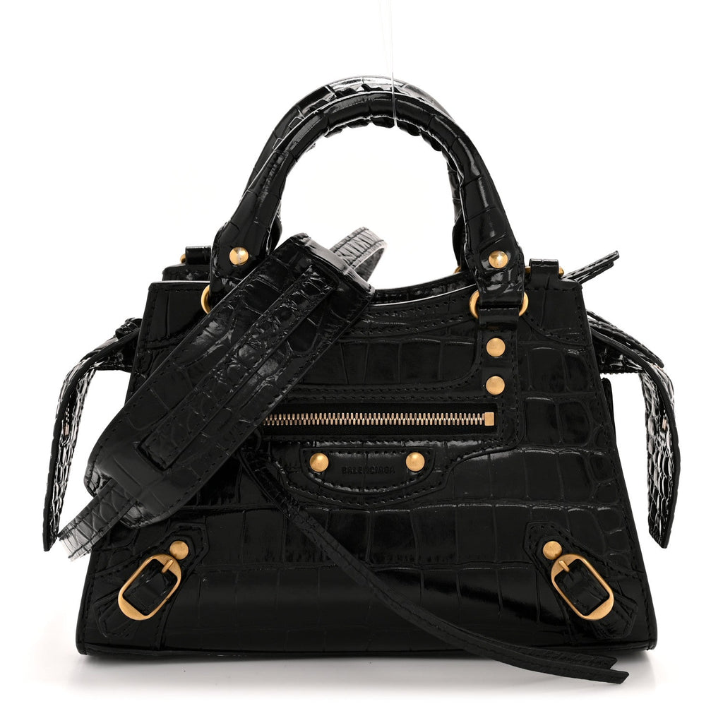 Shiny Supple Calfskin Crocodile Embossed Neo Classic Gold Hardware Mini City Black