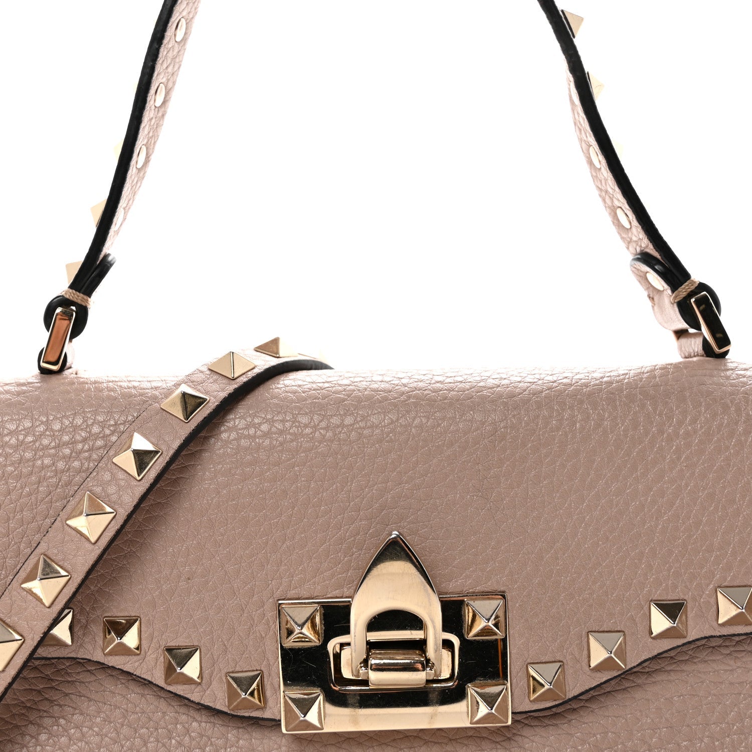 Pebbled Calfskin Medium Rockstud Top Handle Shoulder Bag Poudre