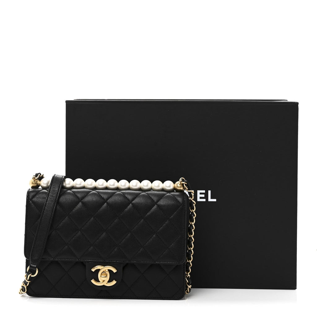 Goatskin Quilted Small Chic Pearls Flap Black