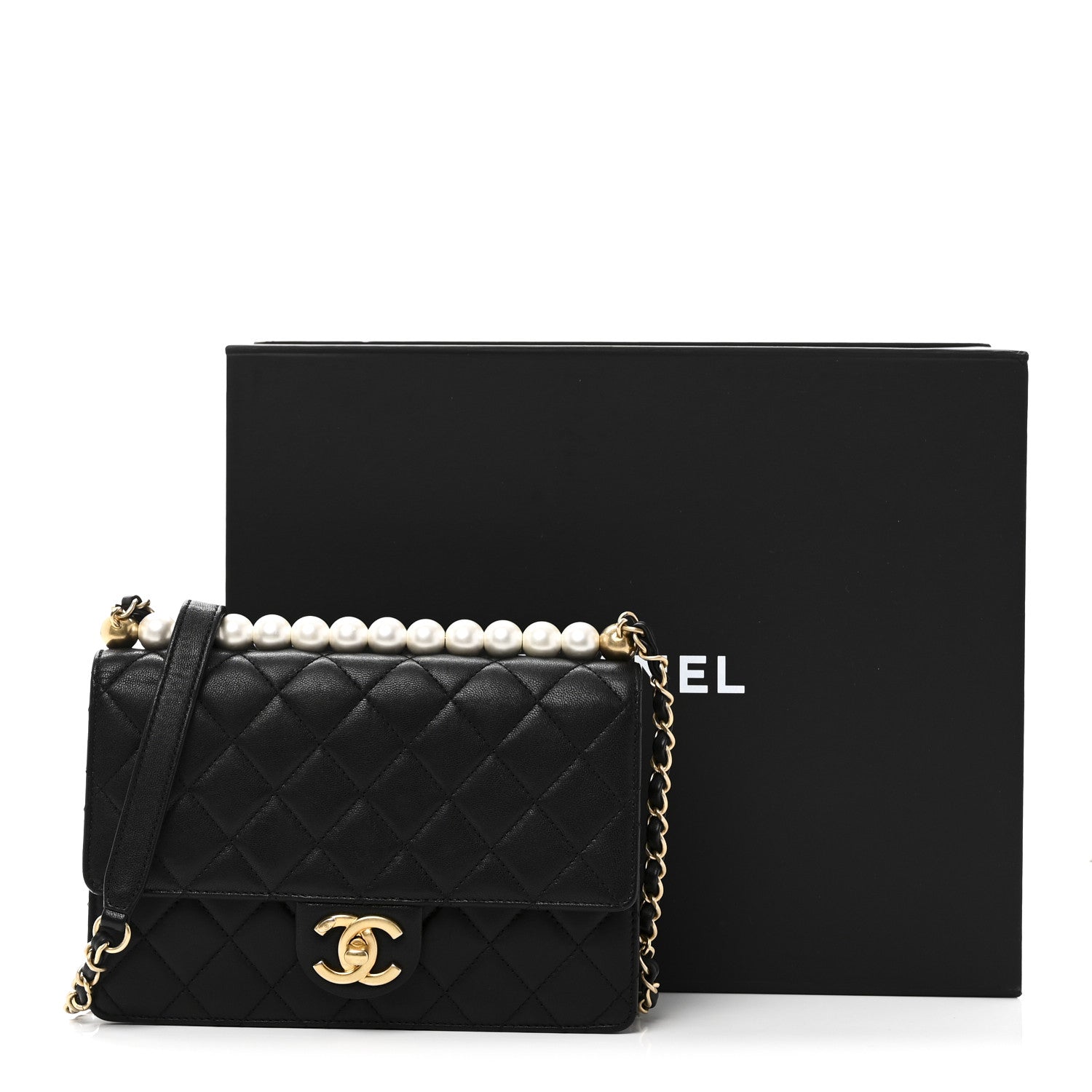 Goatskin Quilted Small Chic Pearls Flap Black