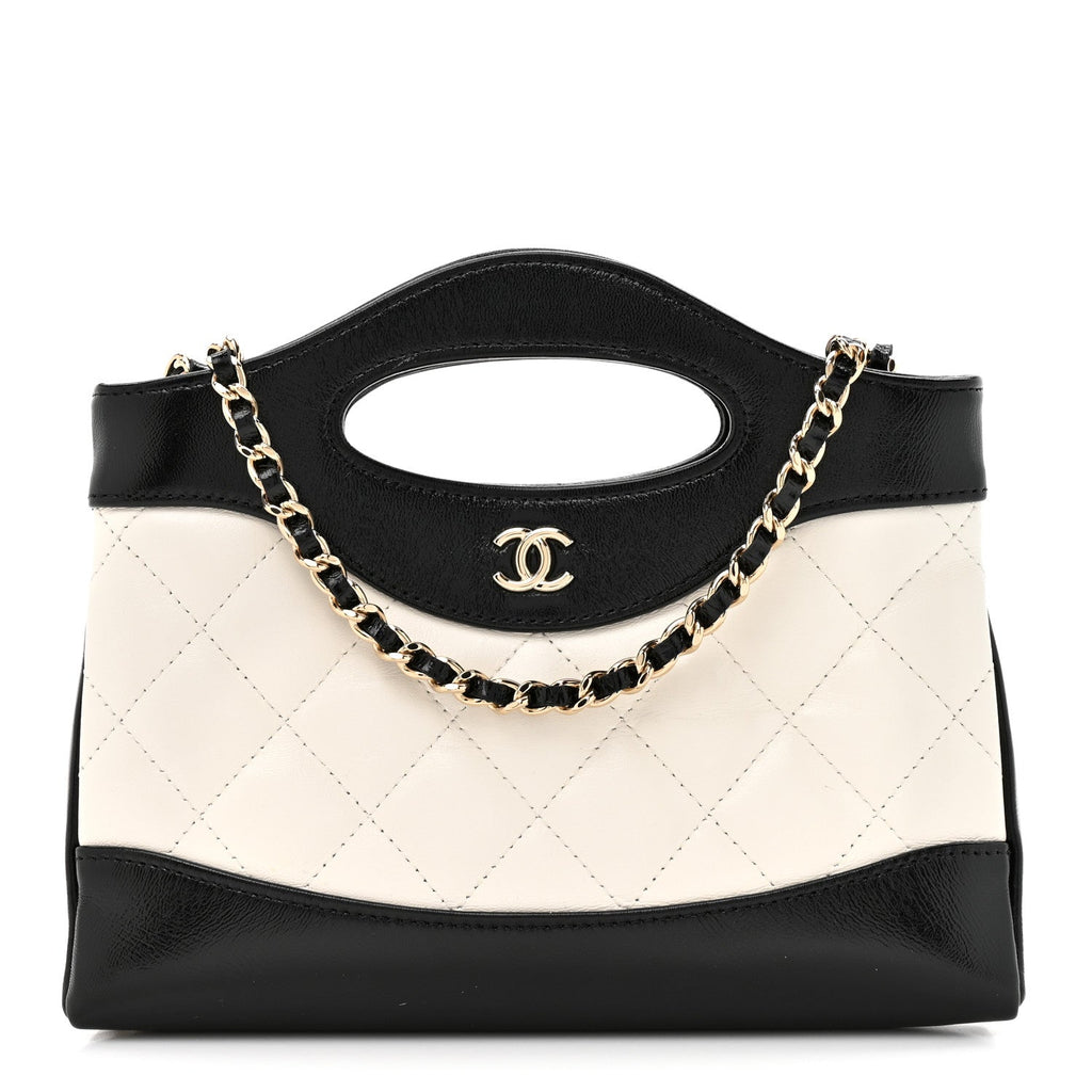 Shiny Crumpled Calfskin Quilted Nano 31 Shopping Bag White Black