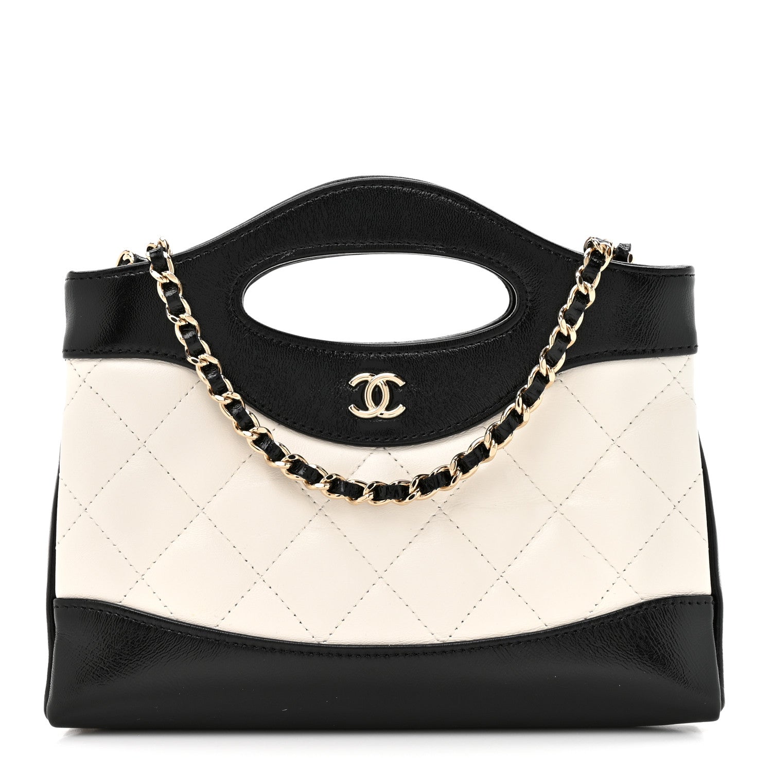 Shiny Crumpled Calfskin Quilted Nano 31 Shopping Bag White Black