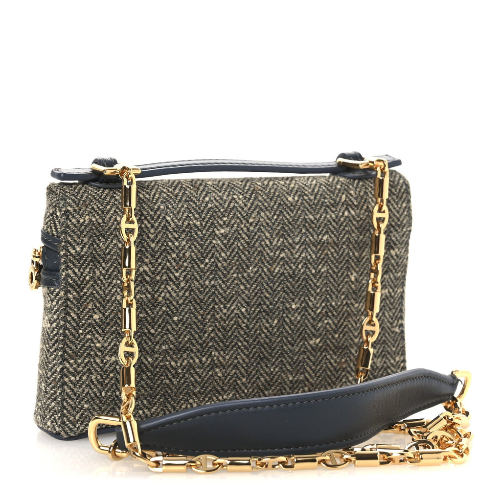 Virgin Wool Blend Herringbone Calfskin Extra Pocket Mini Pouch Green Sand Blue Green Sun Gold