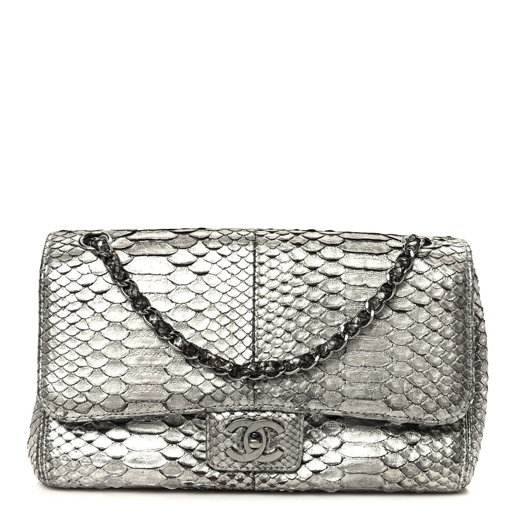Metallic Snakeskin Medium Single Flap Silver