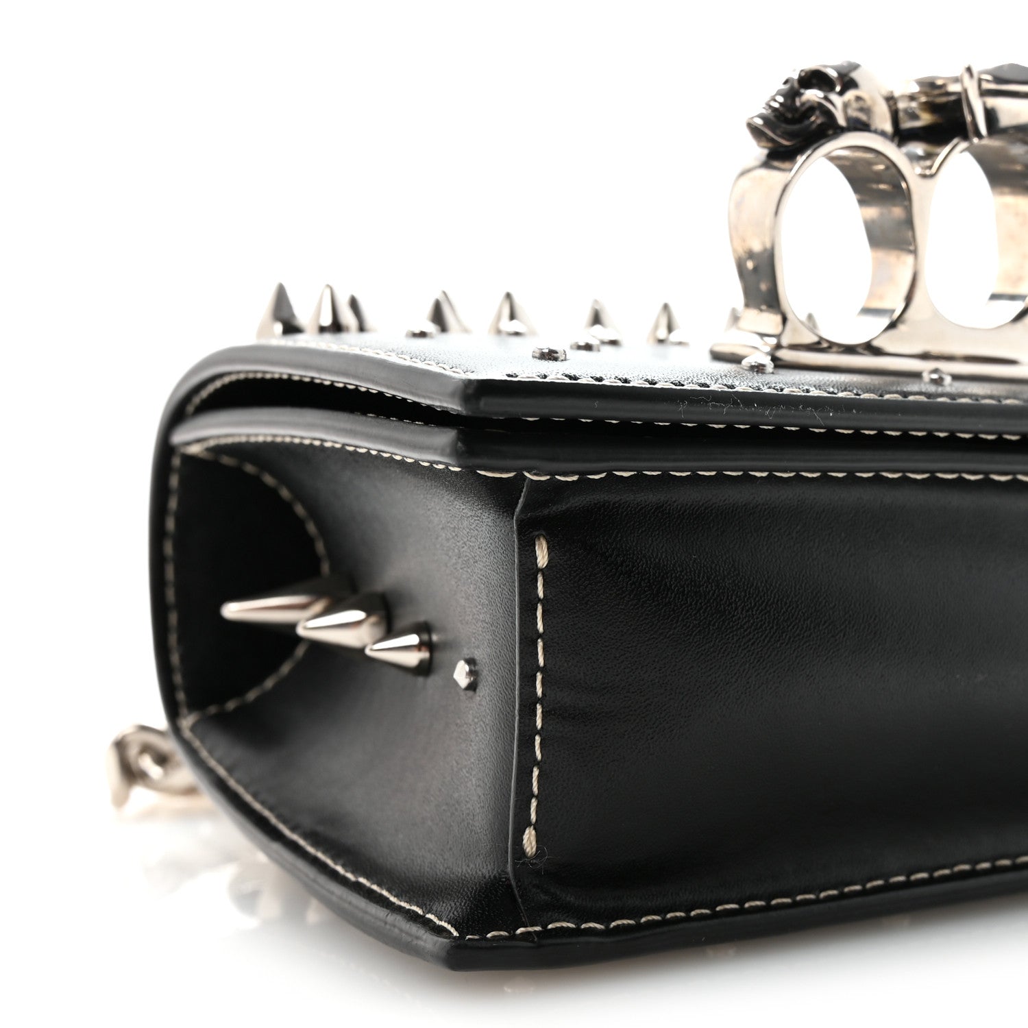 Calfskin Spike Studded Knuckle Satchel Black Silver