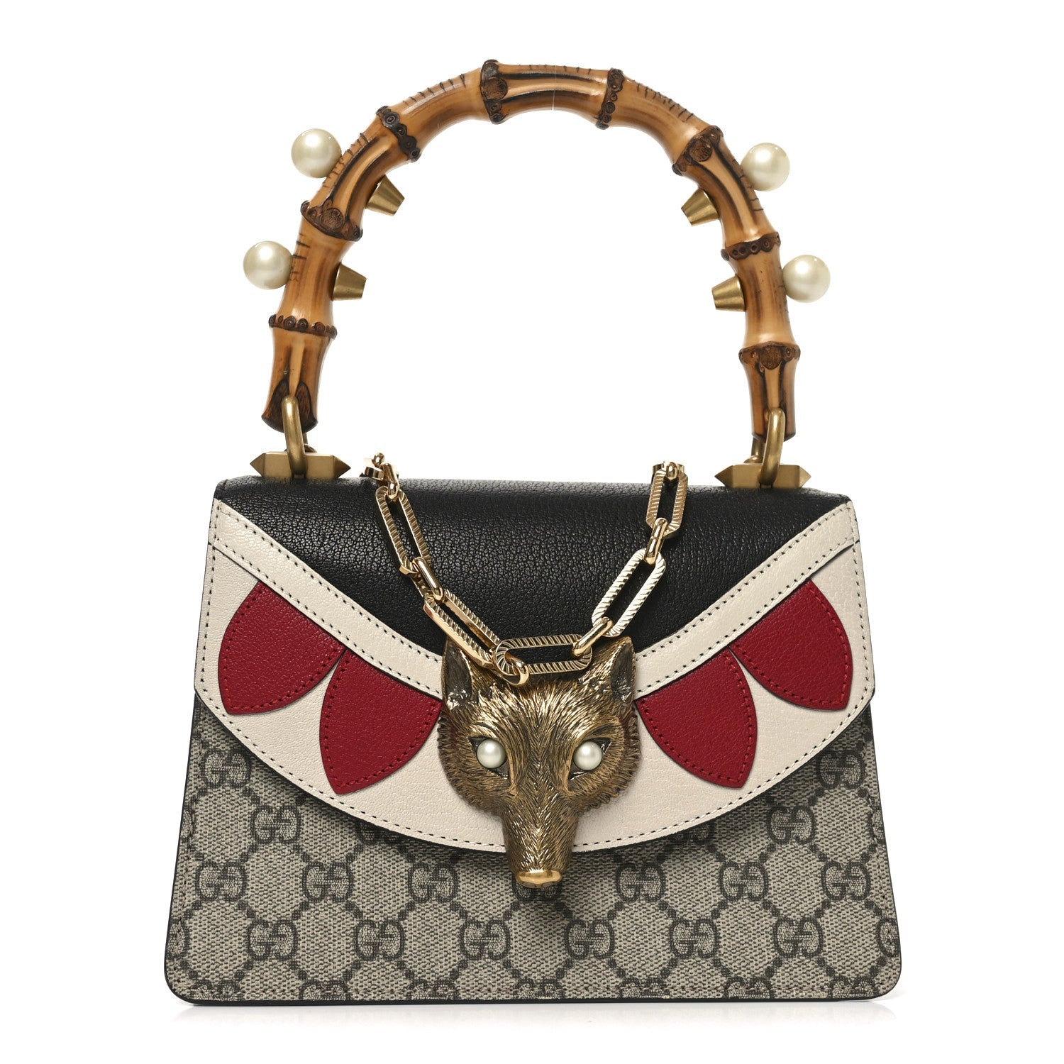 GG Supreme Monogram Goatskin Pearl Mini Fox Broche Bamboo Top Handle Bag Beige Ebony Black Hibiscus Red Mystic White