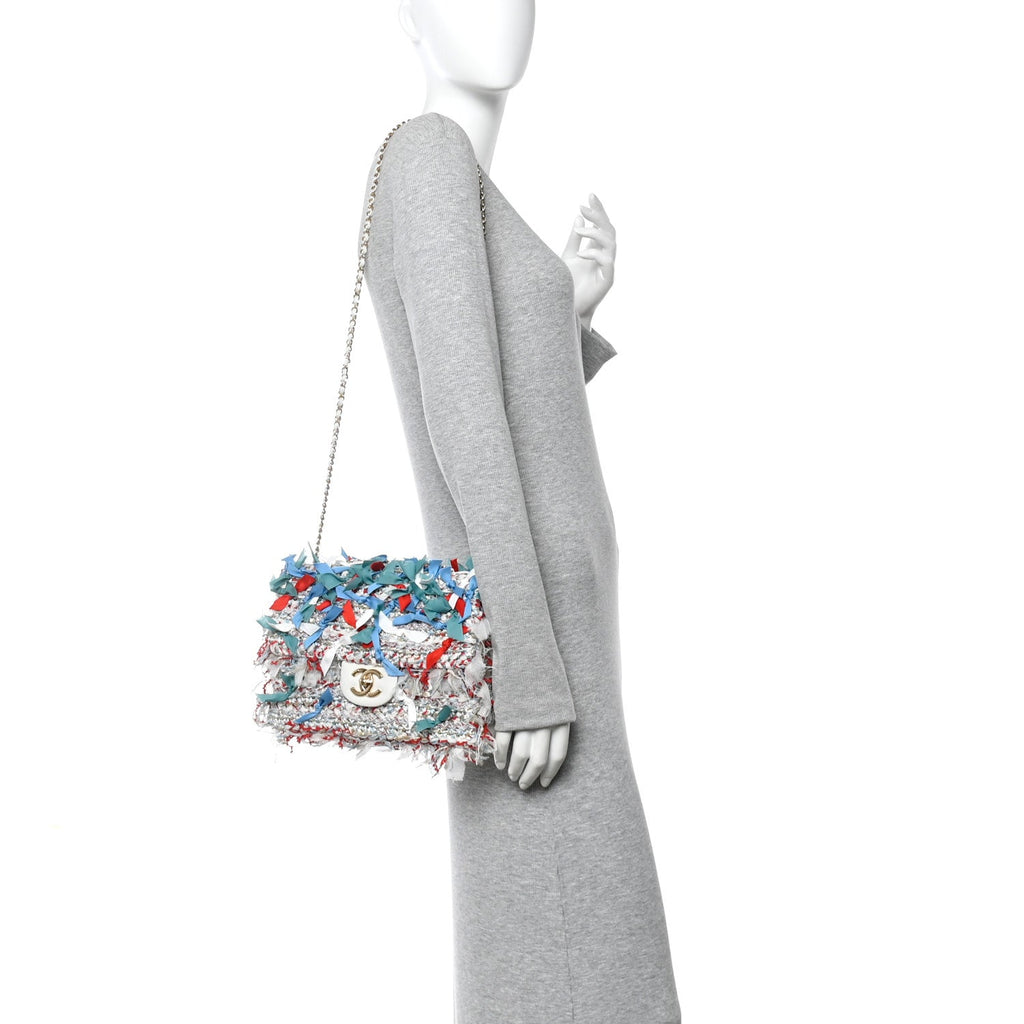 Calfskin Woven Fabric Rumbag Flap Blue White