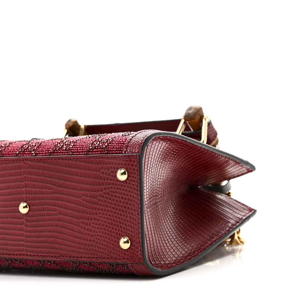 Moire Fabric Calfskin Rhinestone Monogram Monochrome Lizard Embossed Mini Diana Tote Bag Red