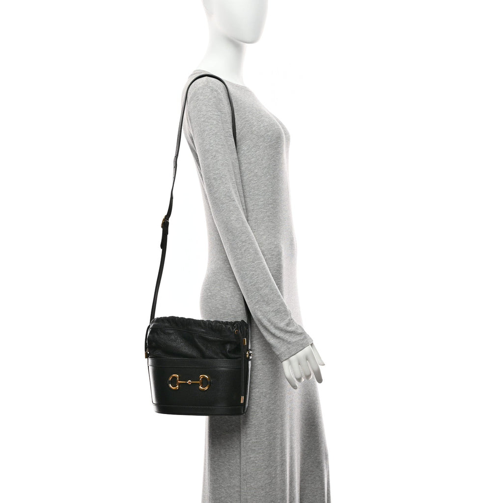 Azalea Sakai Calfskin Horsebit 1955 Drawstring Bucket Bag Black