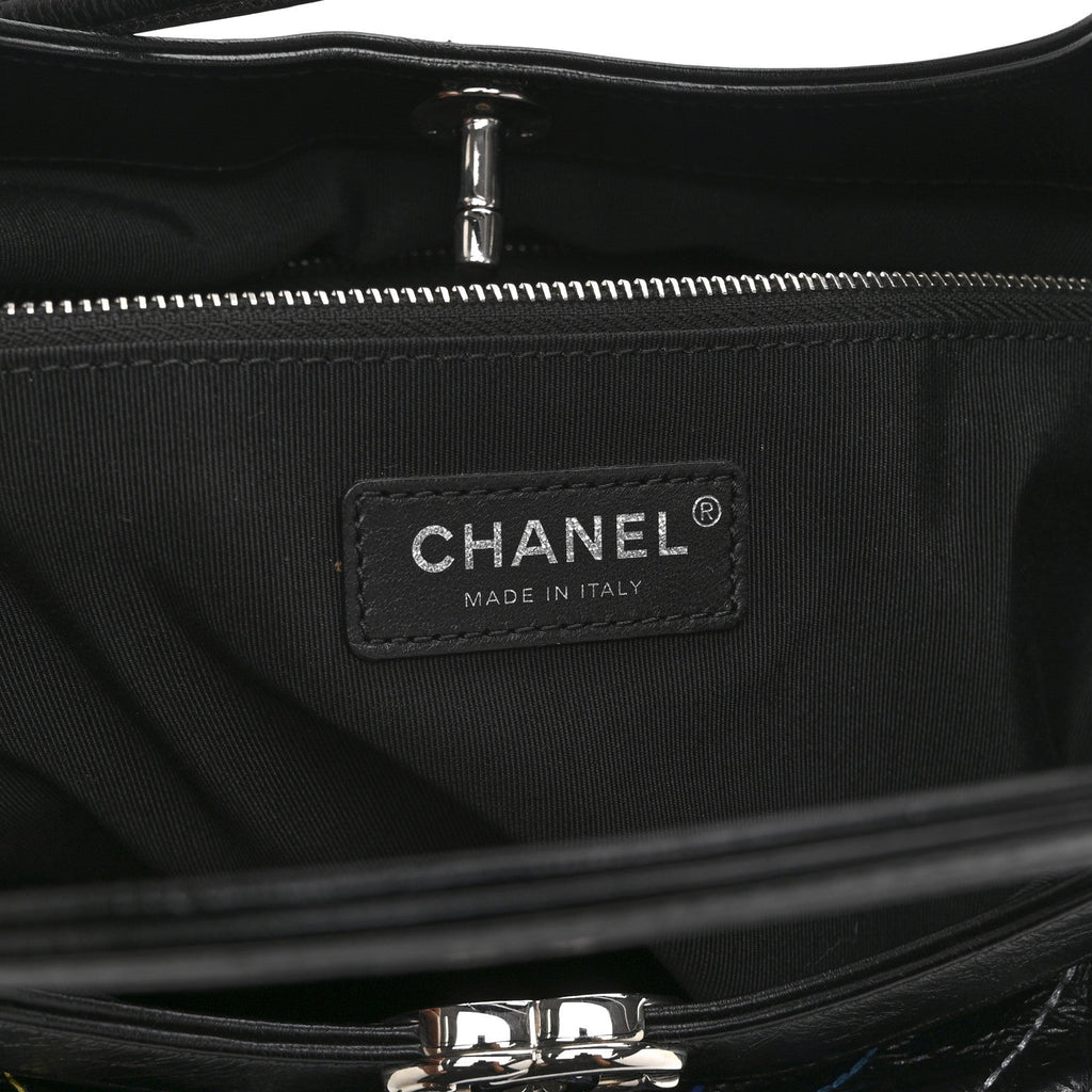Glazed Calfskin Chevron Stitched Large 31 Shopping Bag Black Multicolor