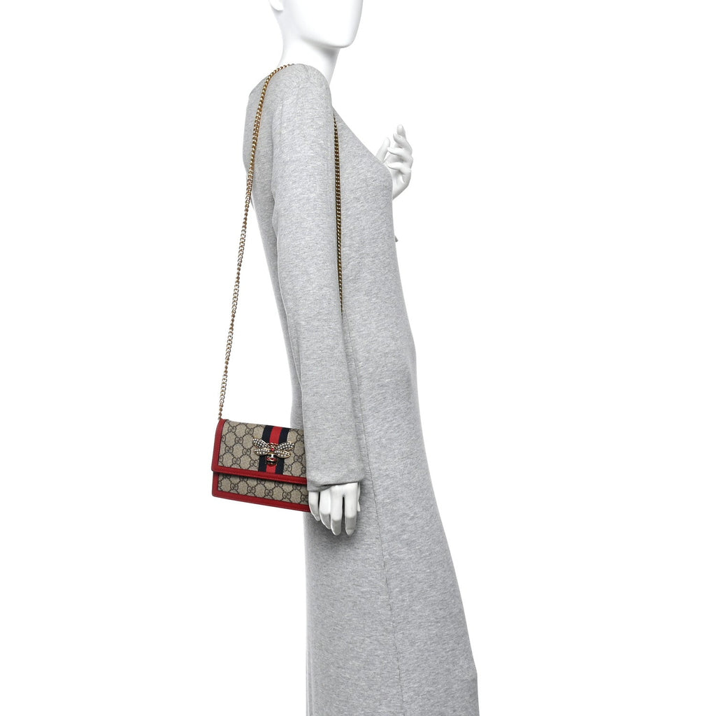 GG Supreme Monogram Web Queen Margaret Chain Wallet Red