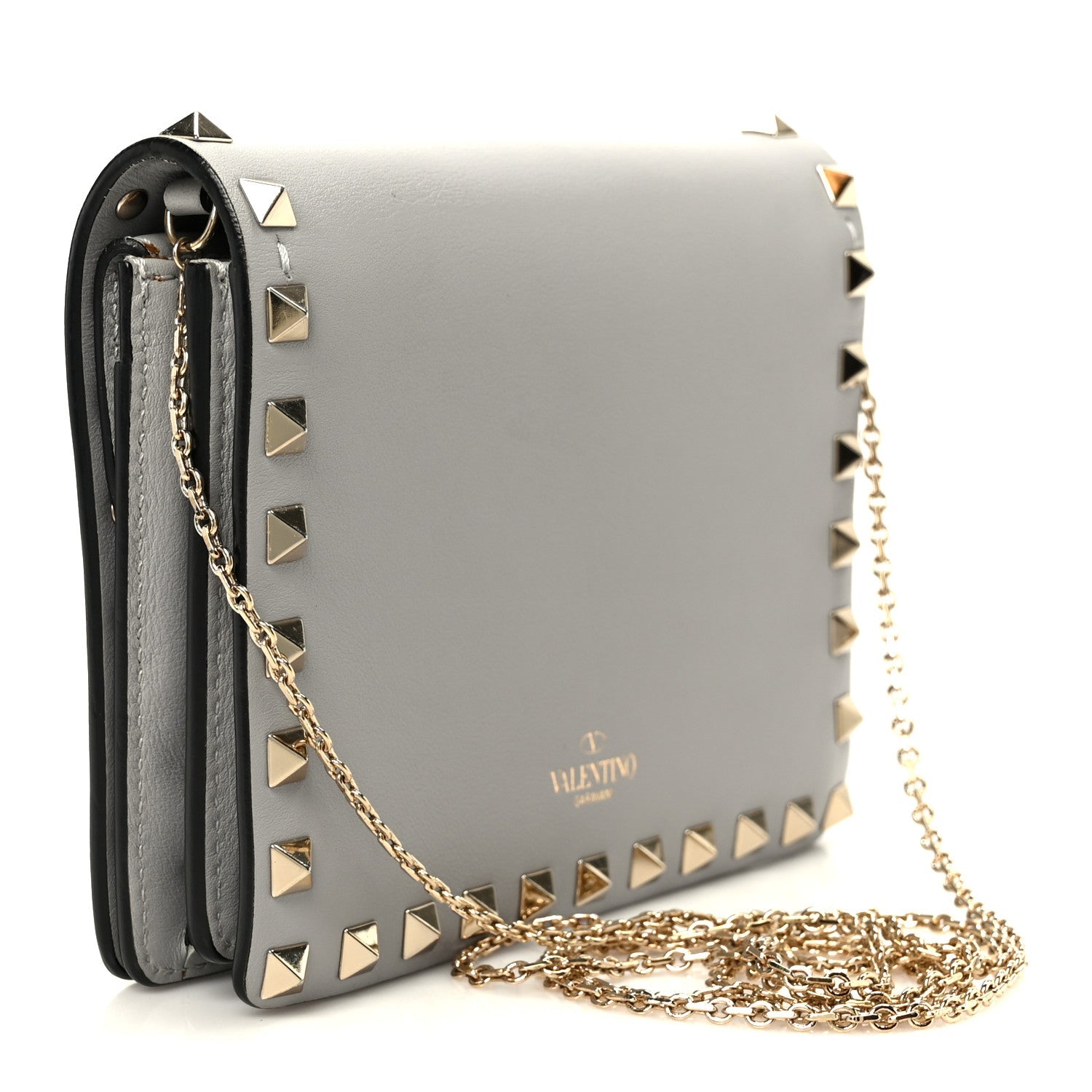 Calfskin Rockstud Wallet On Chain Pastel Grey