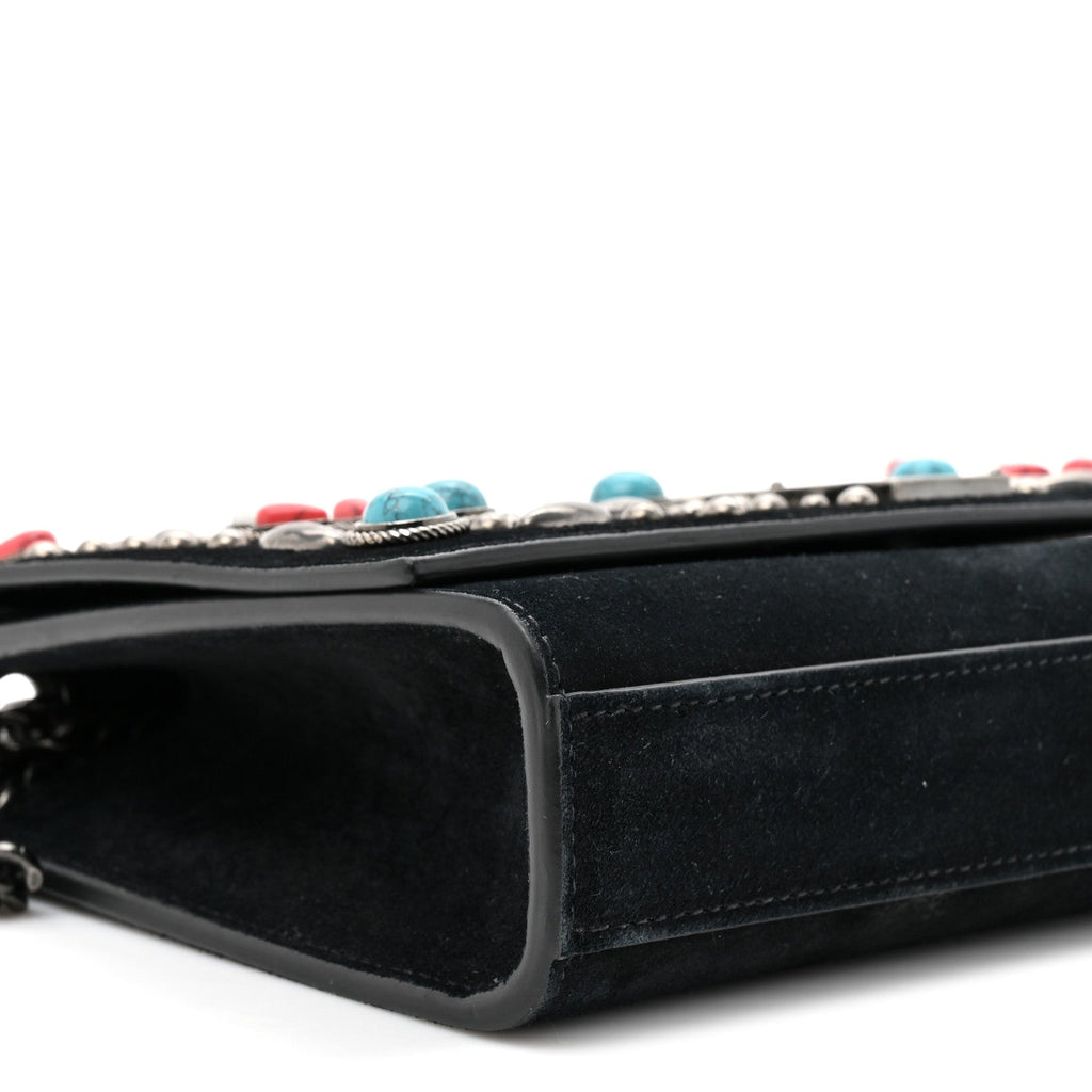 Suede Small Monogram Stone Studded Kate Satchel Black Turquoise Coral