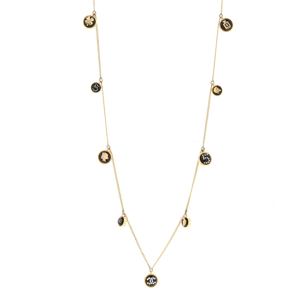 Metal Resin Enamel Crystal CC Long Necklace Gold Black