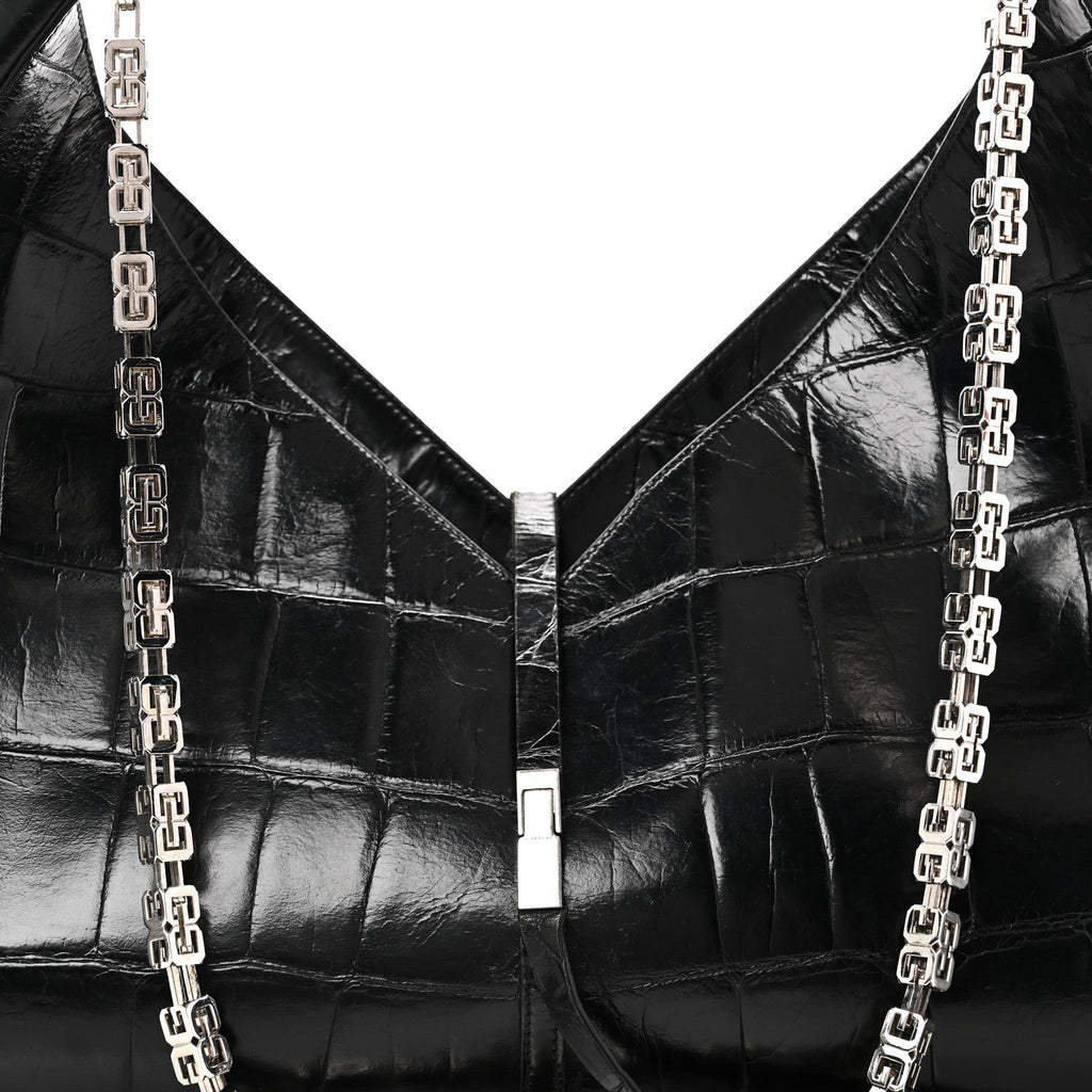 Calfskin Crocodile Embossed Large Cut Out Shoulder Bag Black