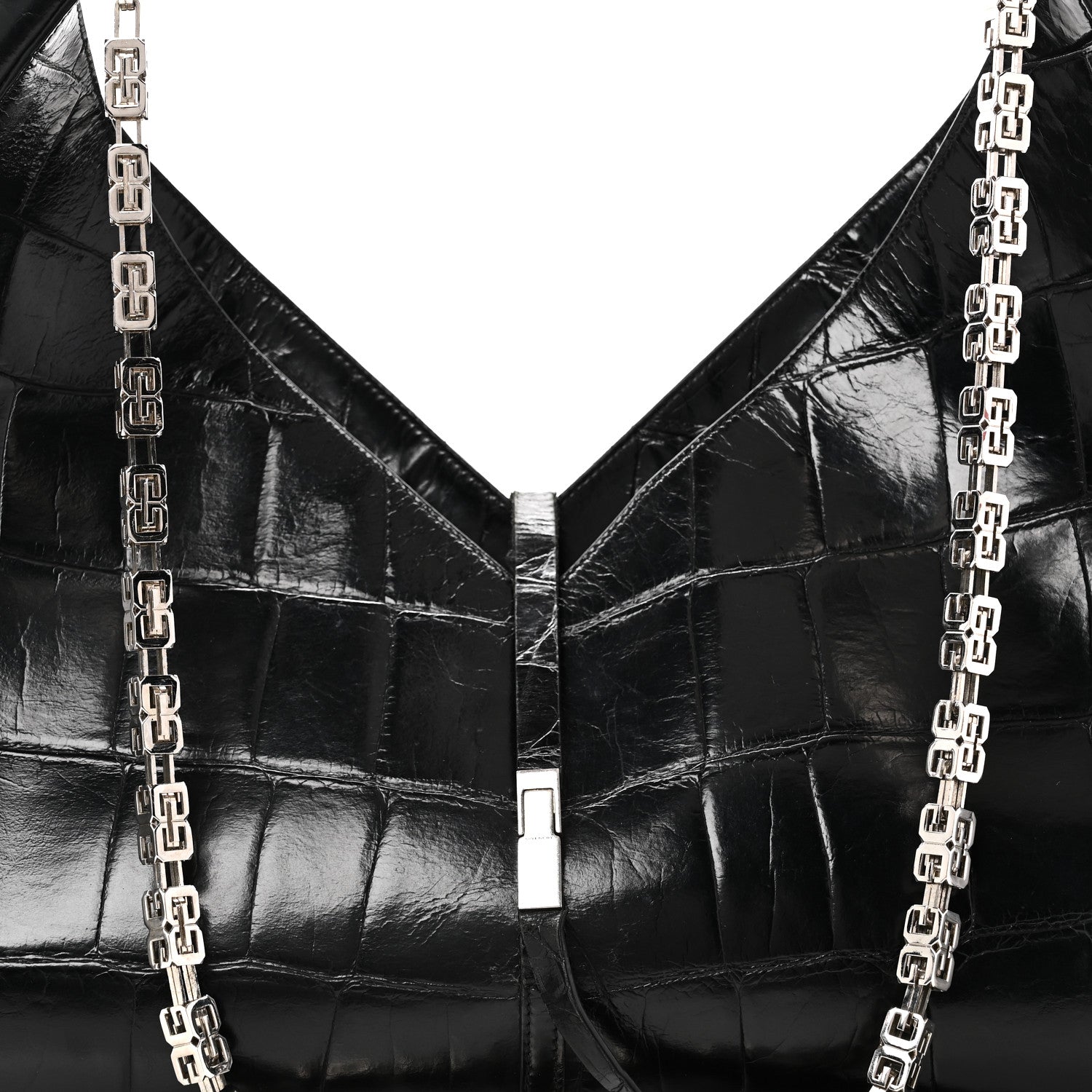 Calfskin Crocodile Embossed Large Cut Out Shoulder Bag Black