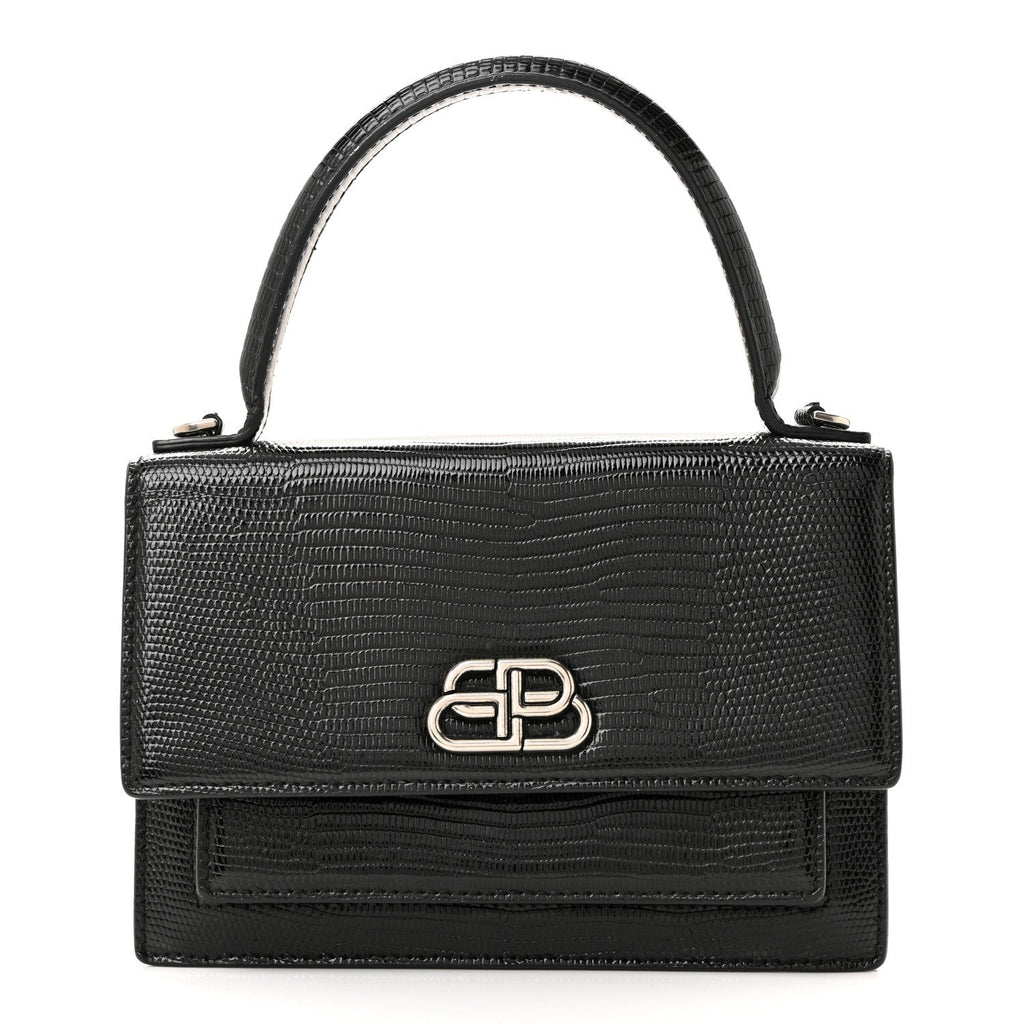 Patent Calfskin Lizard Embossed XS Sharp Top Handle Bag Black