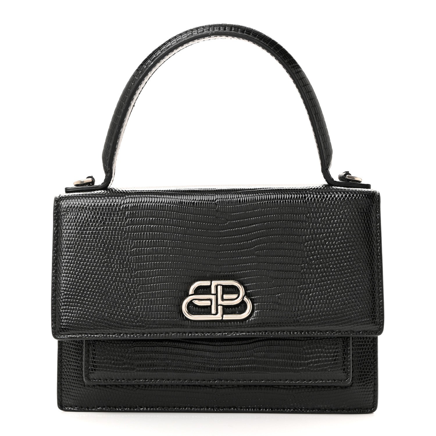 Patent Calfskin Lizard Embossed XS Sharp Top Handle Bag Black