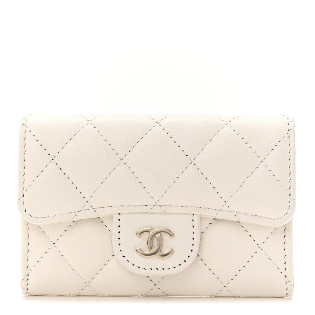 Caviar Quilted Flap  Holder Wallet White