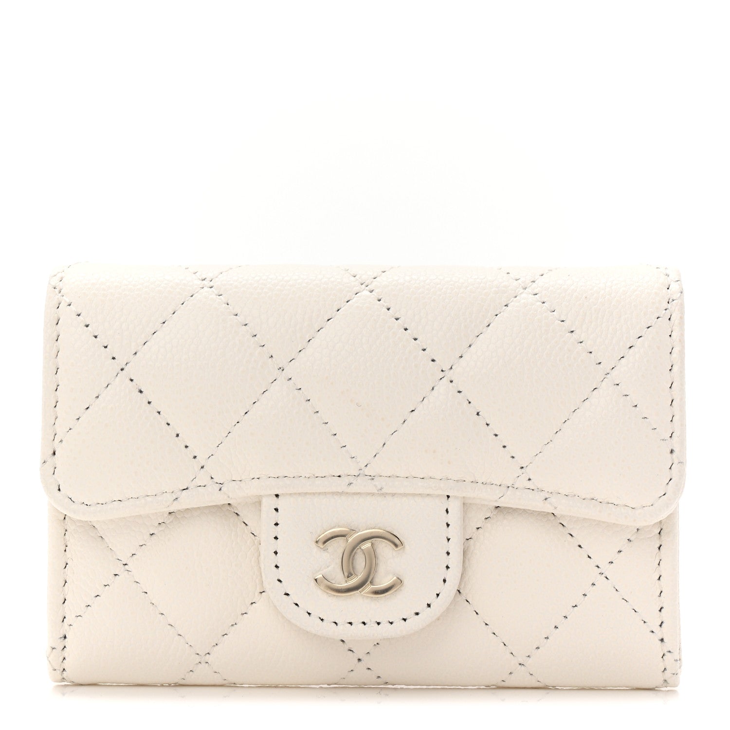 Caviar Quilted Flap  Holder Wallet White