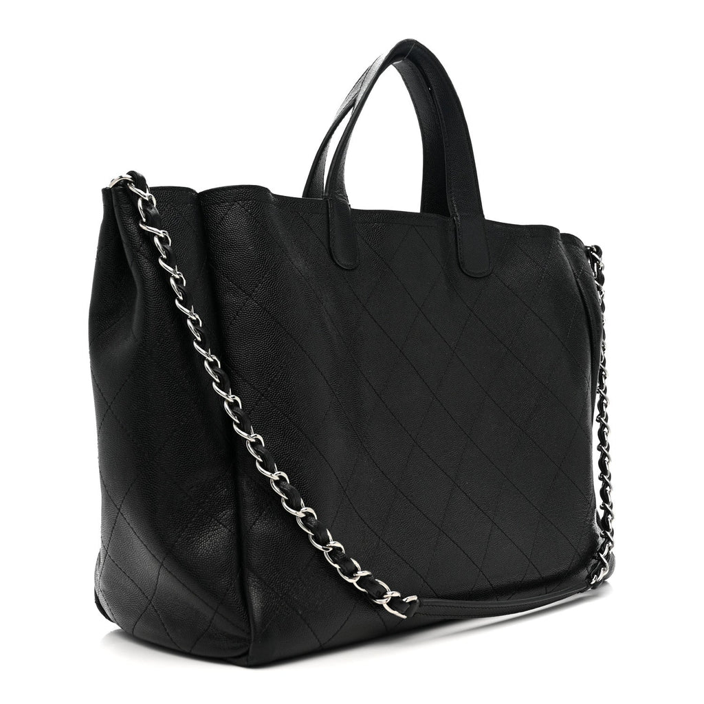 Caviar Stitched Large Lady Coco Shopping Tote Black