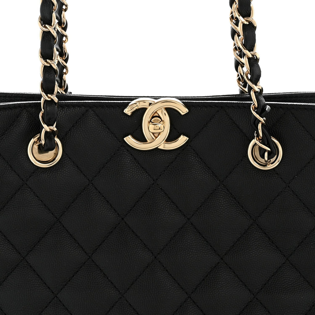 Caviar Quilted Small Shopping Tote  Black