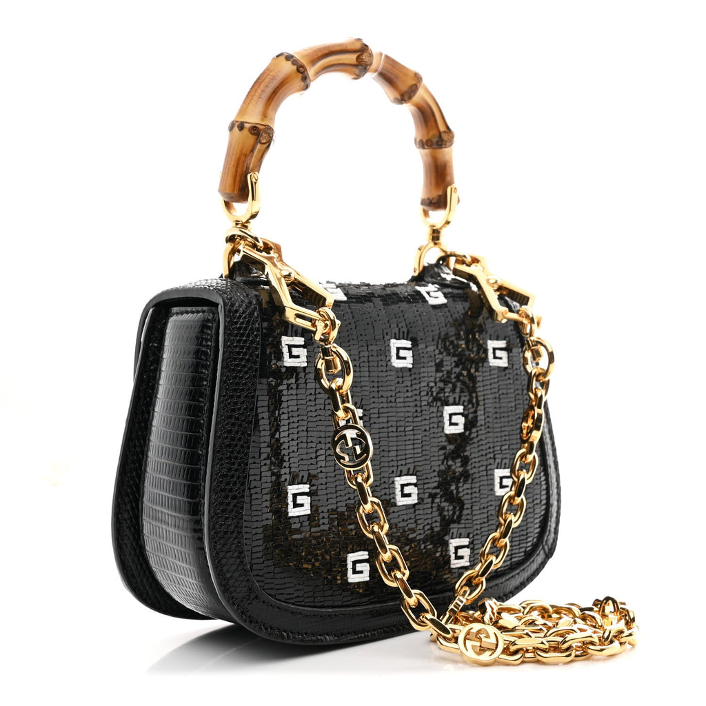 Sequin Lizard Embossed GG Mini Bamboo 1947 Top Handle Chain Bag Black White