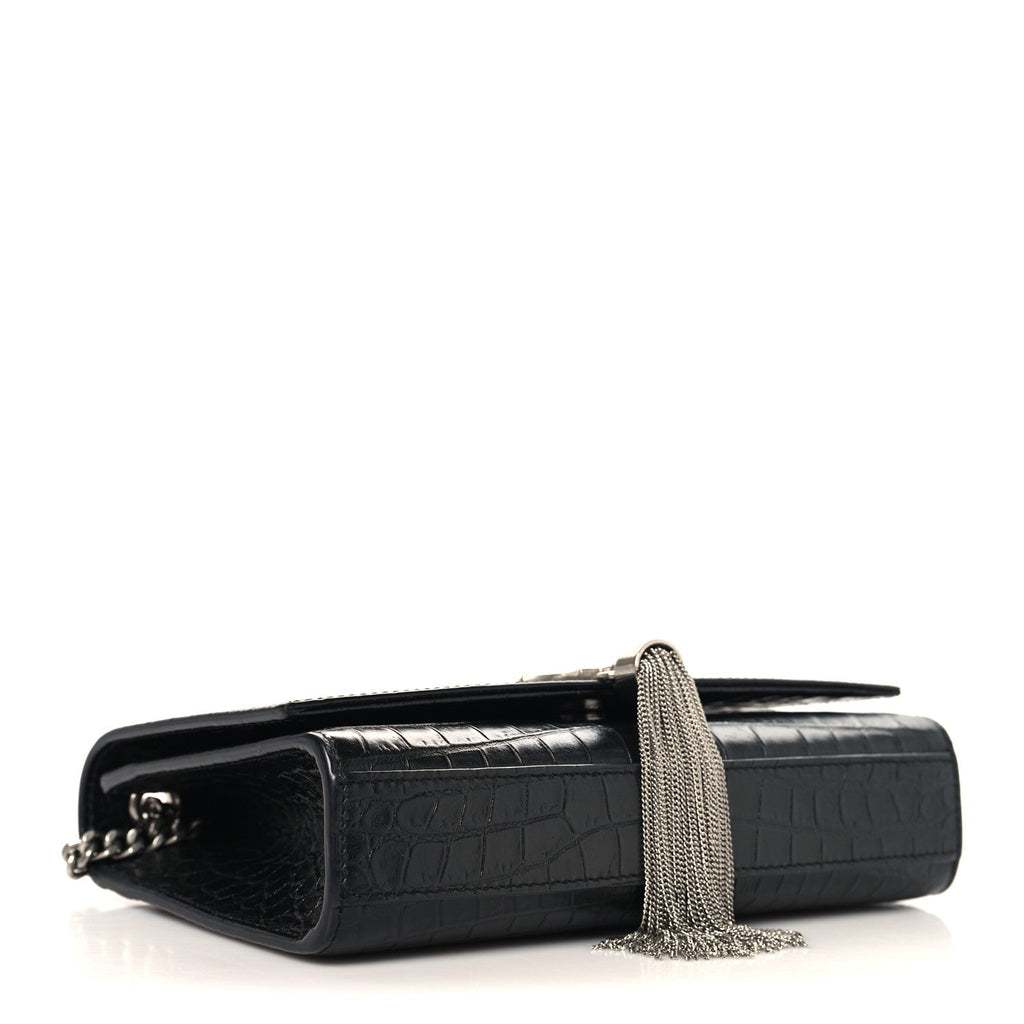 Calfskin Crocodile Embossed Small Classic Monogram Kate Tassel Satchel Black