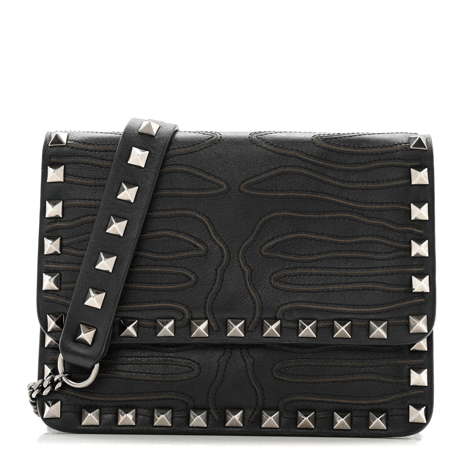 Calfskin Embroidered Rockstud Mini Crossbody Bag Black