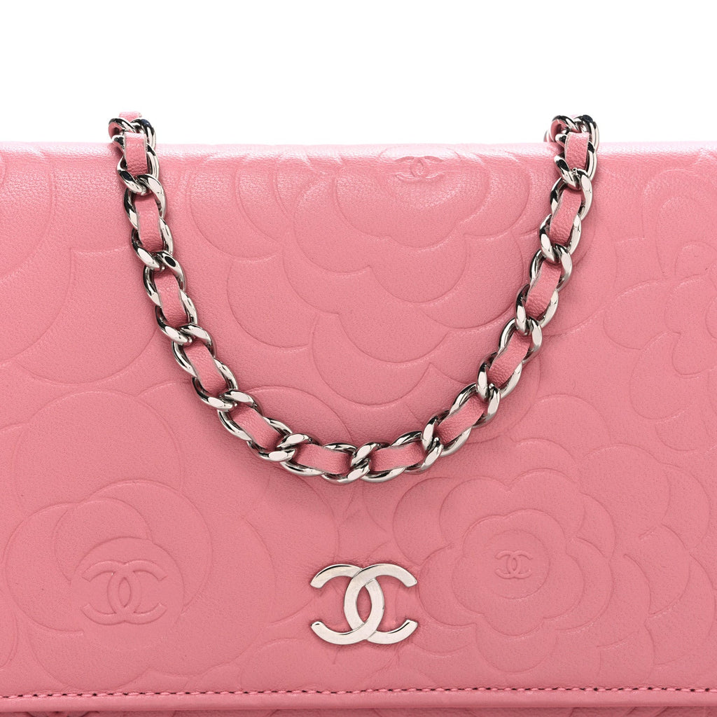 Lambskin Camellia Embossed Wallet on Chain WOC Pink