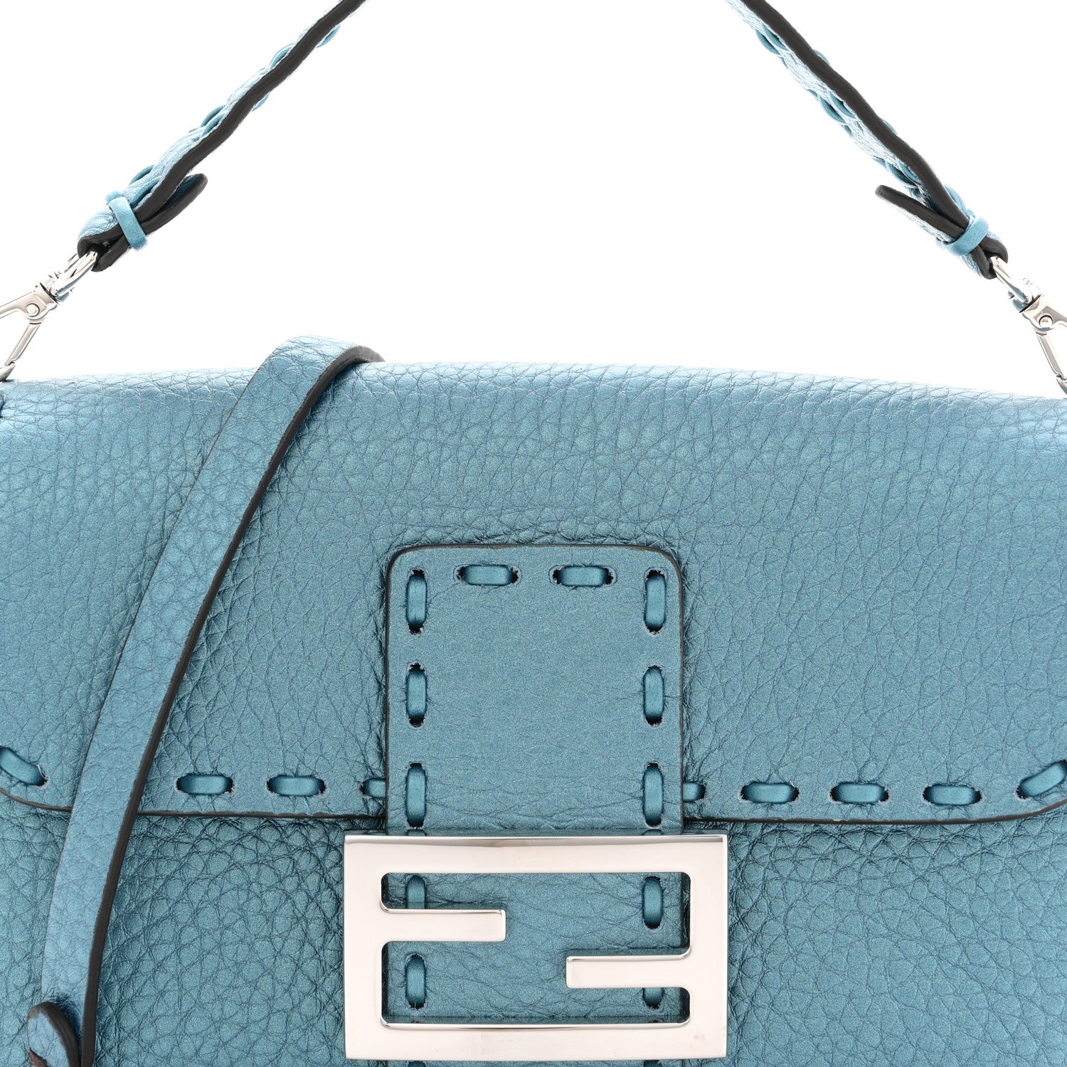Metallic Cuoio Roma Sellerissima Nappa Sintetica Tape Stitch Mini Baguette Placca Argento