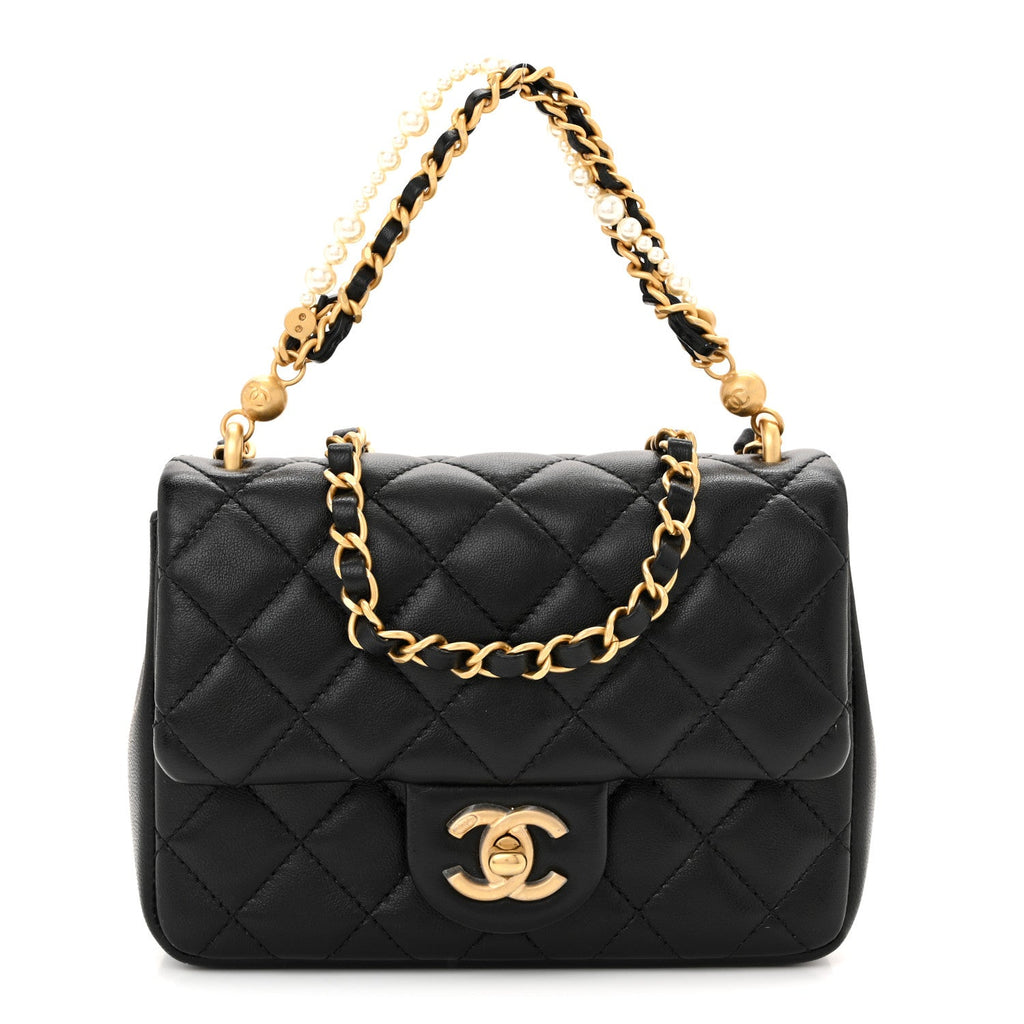 Shiny Lambskin Quilted Pearl Twist Mini Square Flap Black