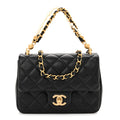 Shiny Lambskin Quilted Pearl Twist Mini Square Flap Black
