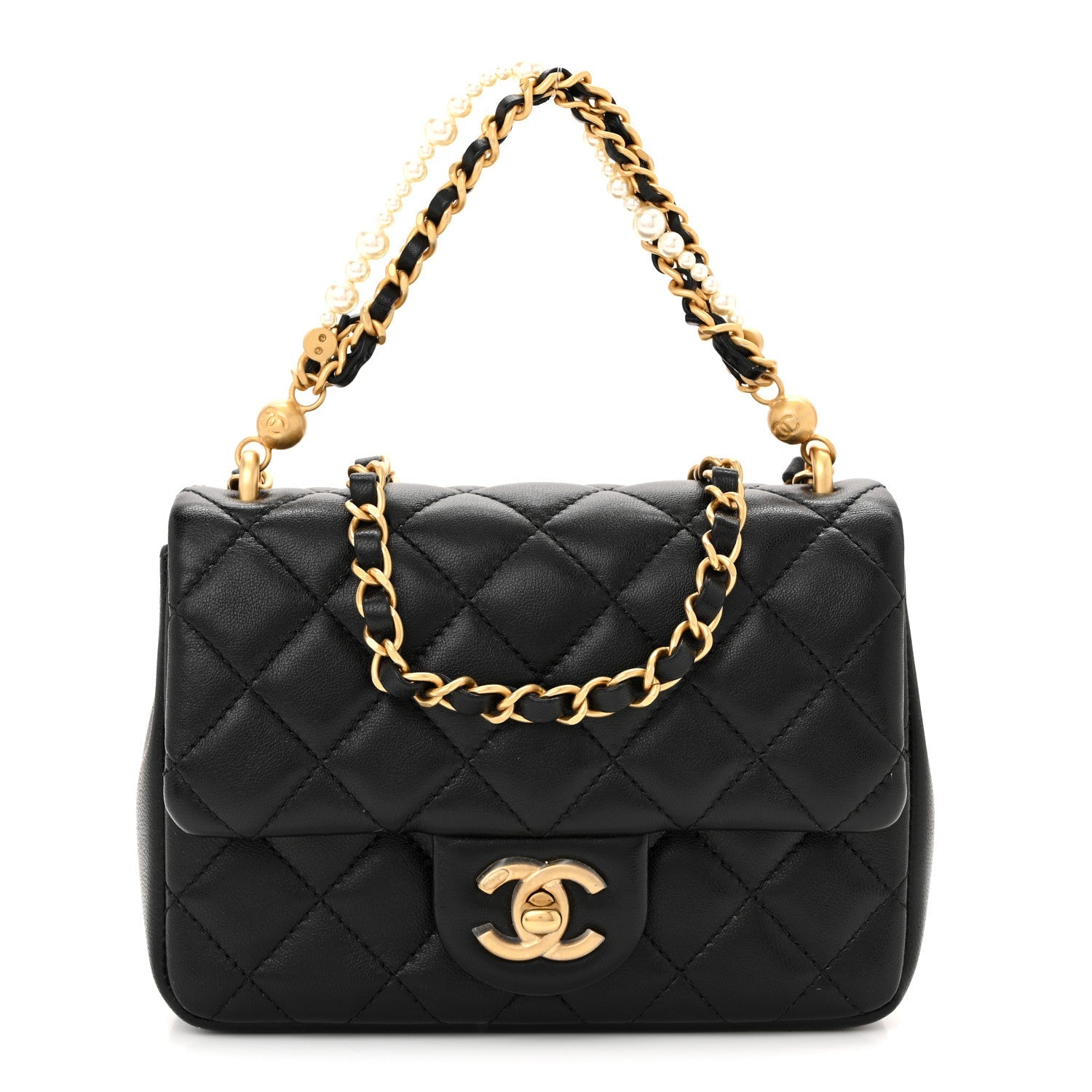 Shiny Lambskin Quilted Pearl Twist Mini Square Flap Black