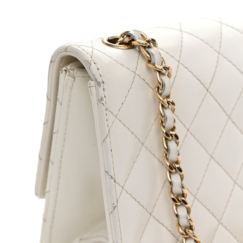 Glazed Calfskin Quilted Small Flap White