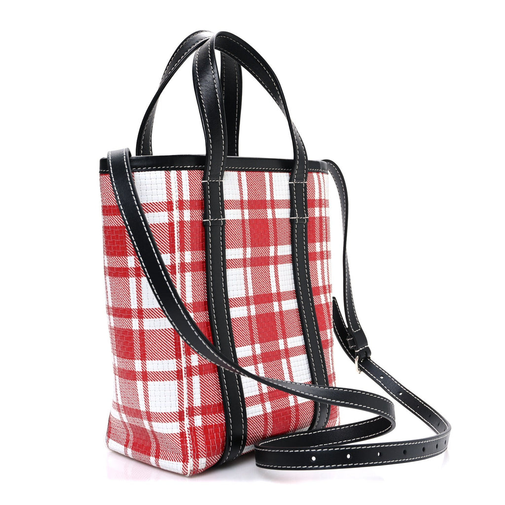 Calfskin Embossed Plaid North-South Small Barbes Shopper Tote Red