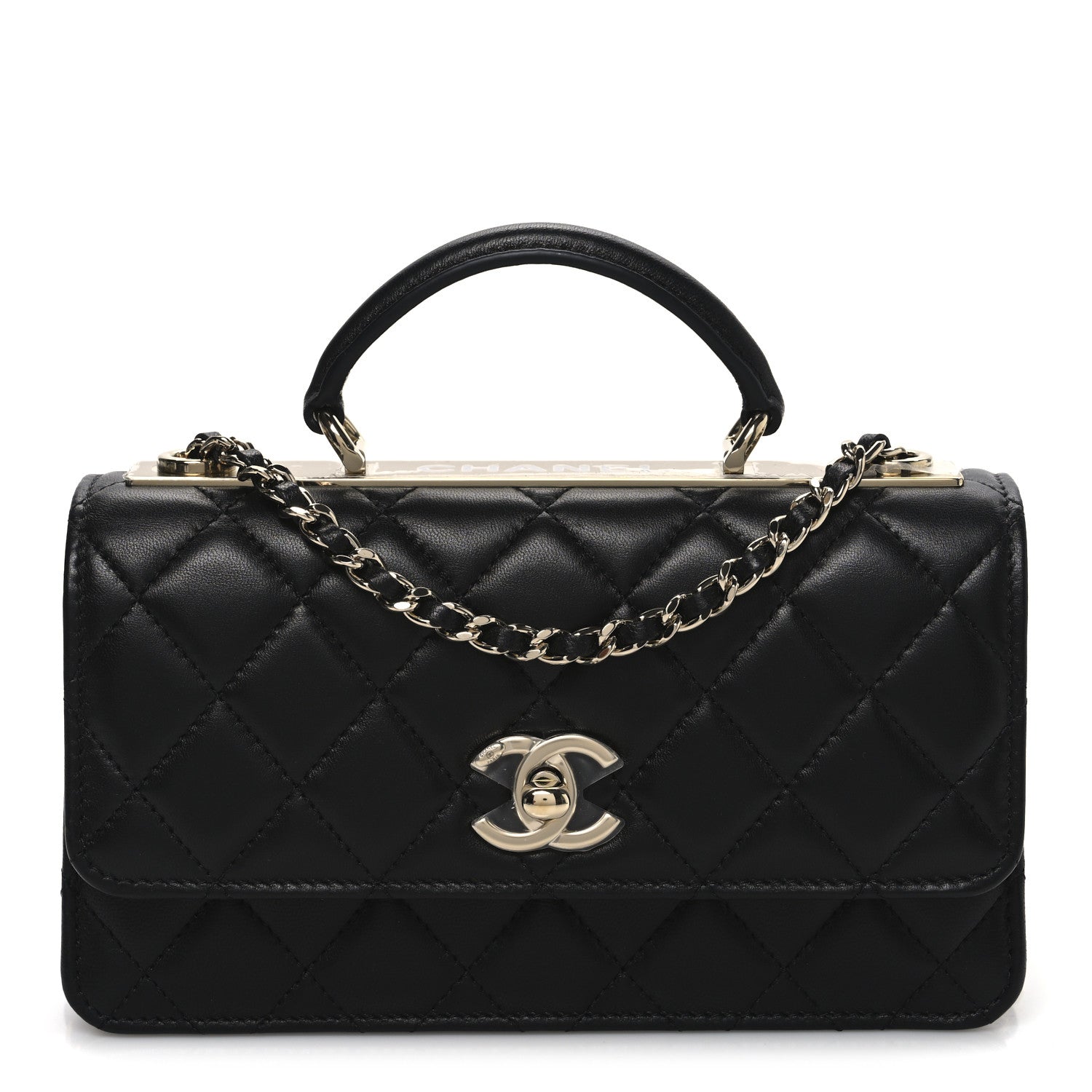 Lambskin Quilted Trendy CC Dual Handle Clutch With Chain Black