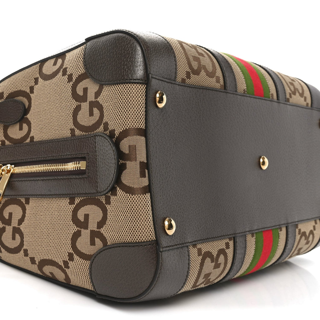 Monogram Jumbo GG Textured Dollar Calfskin Web Medium Duffle Bag Camel Ebony